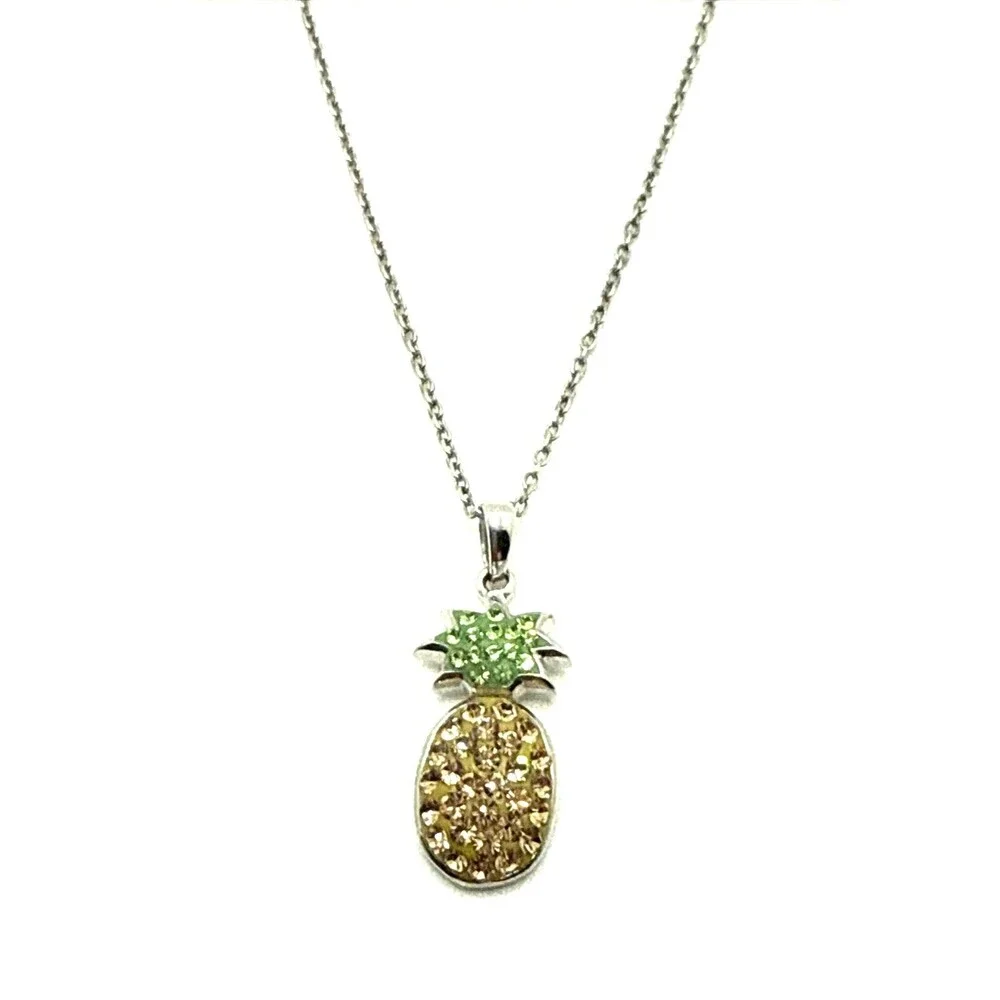 Crystal Rhinestone Pineapple Pendant Necklace Yellow Green Gold Tone 18